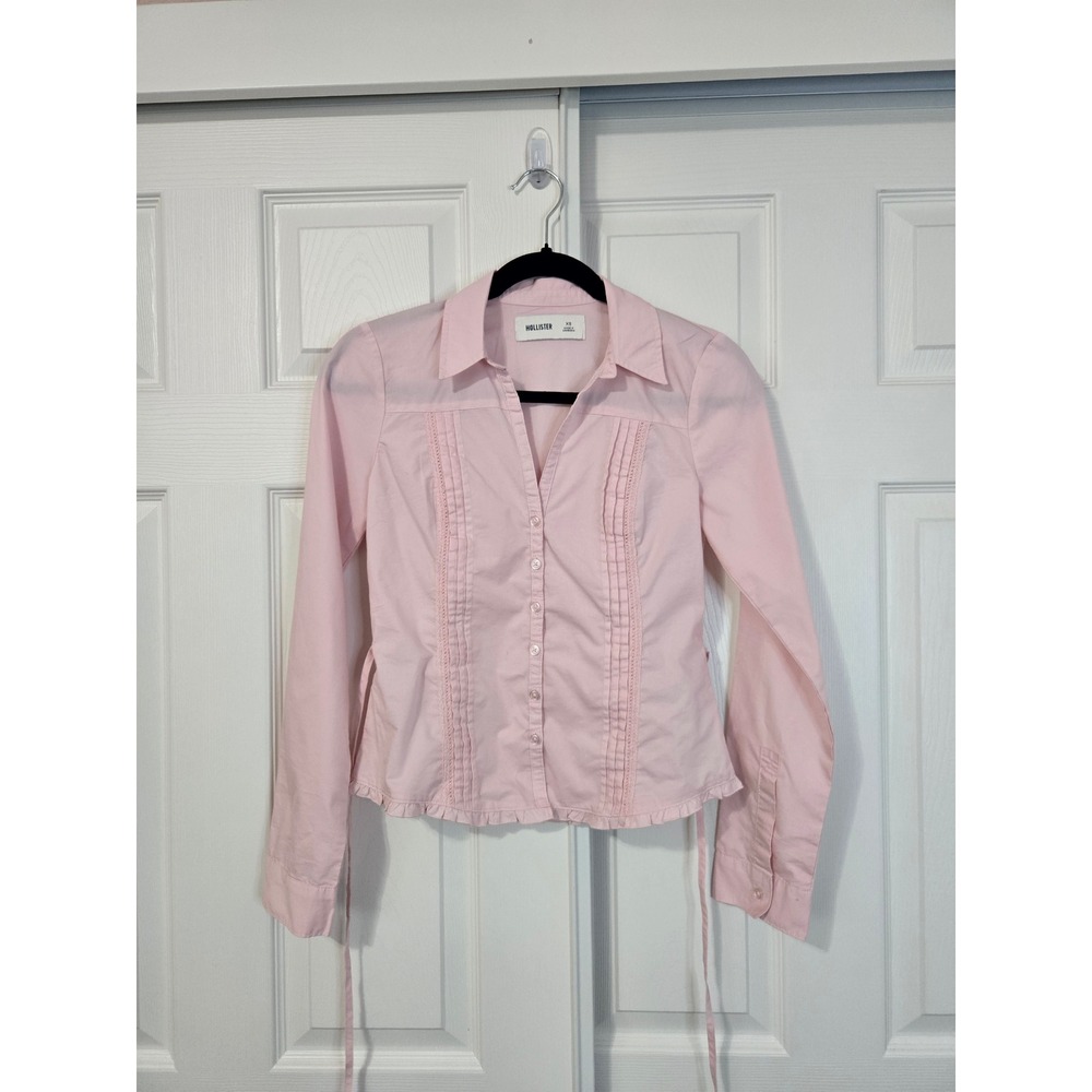 Hollister Pink Lace Trim Pintuck Button Up Shirt Tie Back Ruffle Hem S
